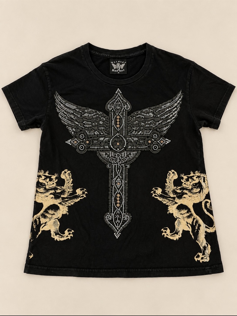 Bulzeye Black Label Rhinestone Winged Cross Graphic T-Shirt Black Size M Y2K